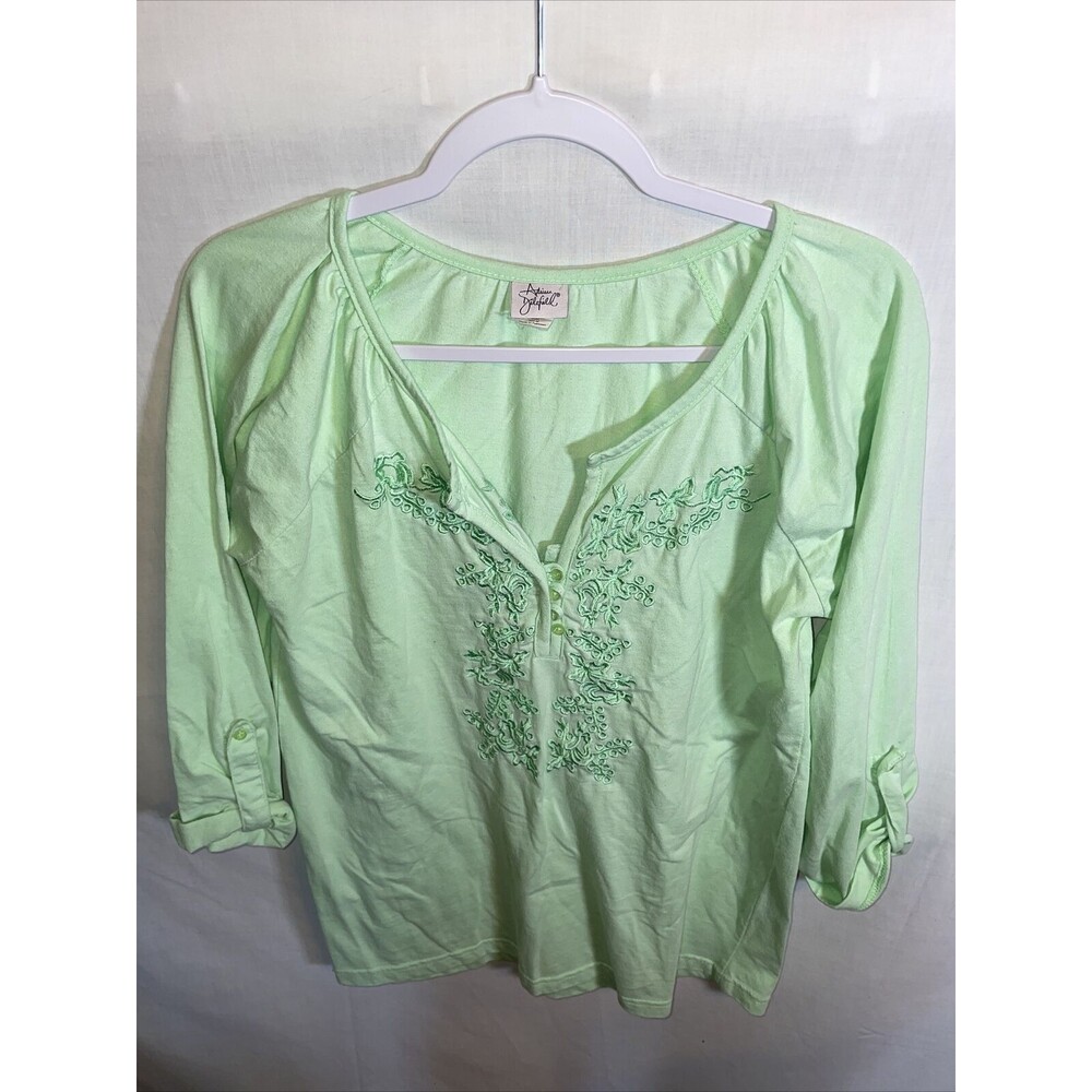 Adriana Nilefield Casual Tunic Womens Size Medium Green Button Sleeve Embroidery